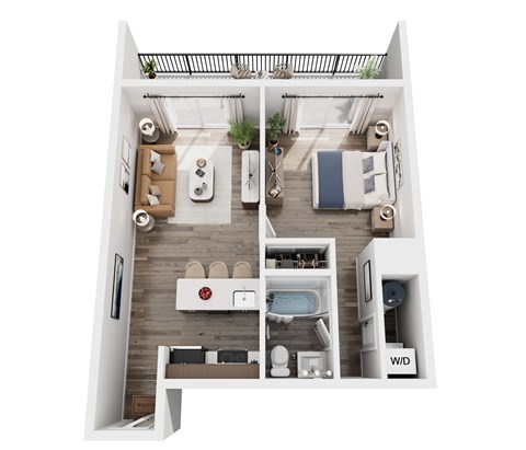 Floor plan for 1 bed, 1 bath, 636 sqft